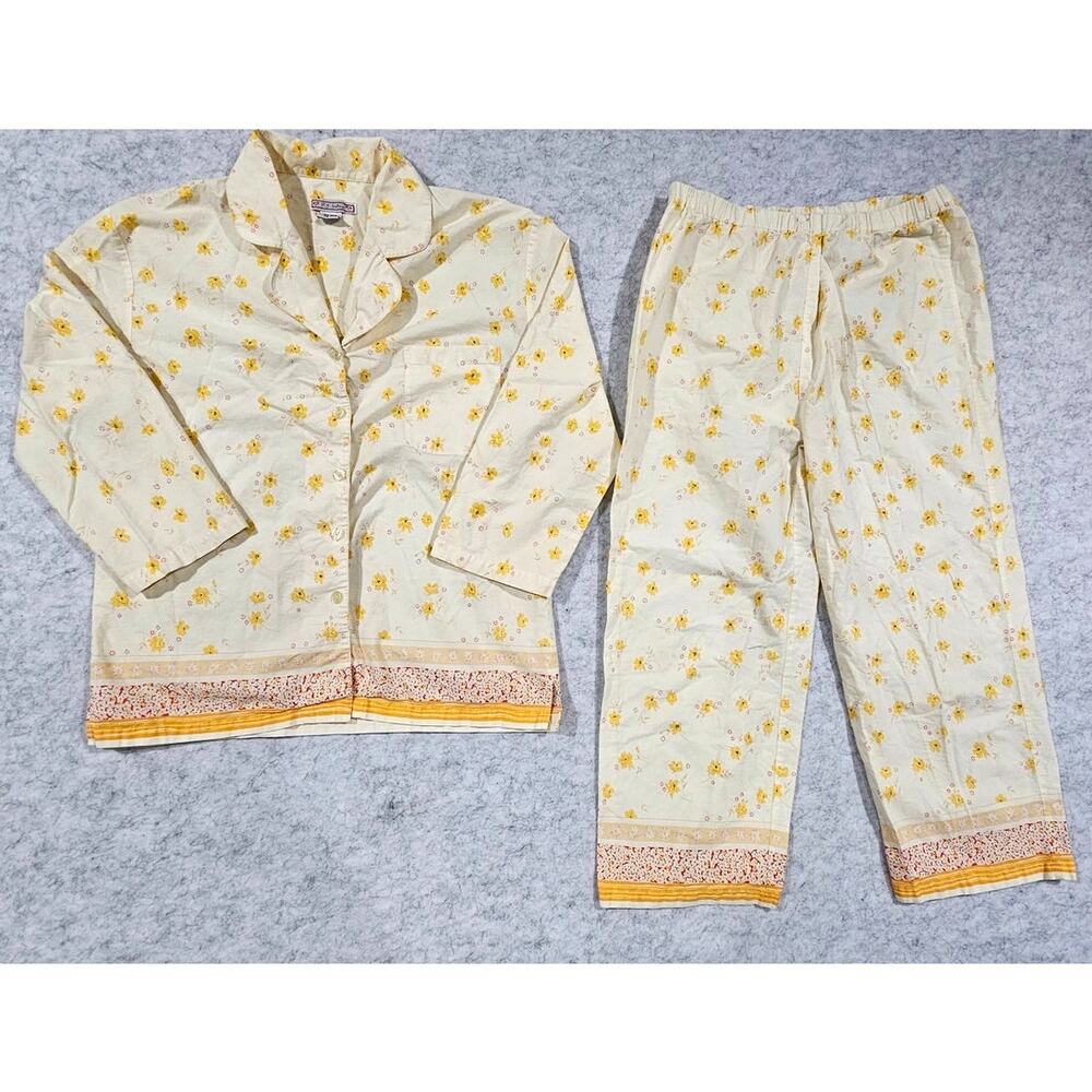 P.J.  Salvage Pajamas 2 Pc Long Sleeve and Pants Yellow Pink Floral, Button Sz M